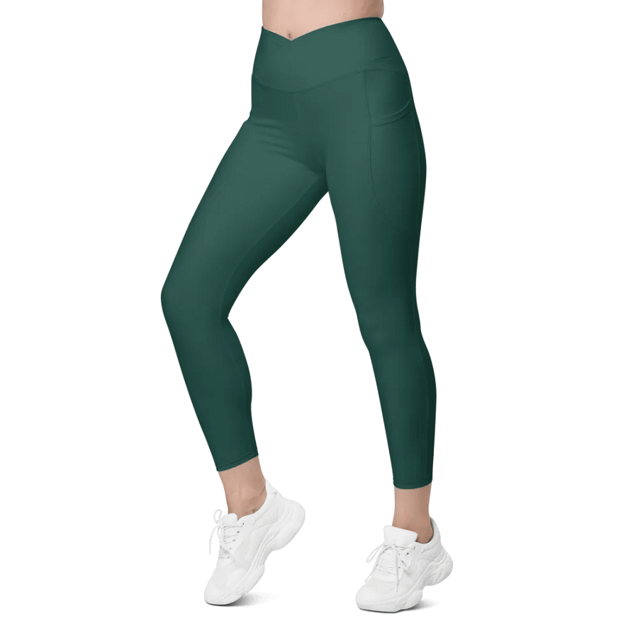 Plain Dark Green Soft Summer Women's High Waisted Premium Crossover Leggings with Pockets by Treasure Pie product image (6)