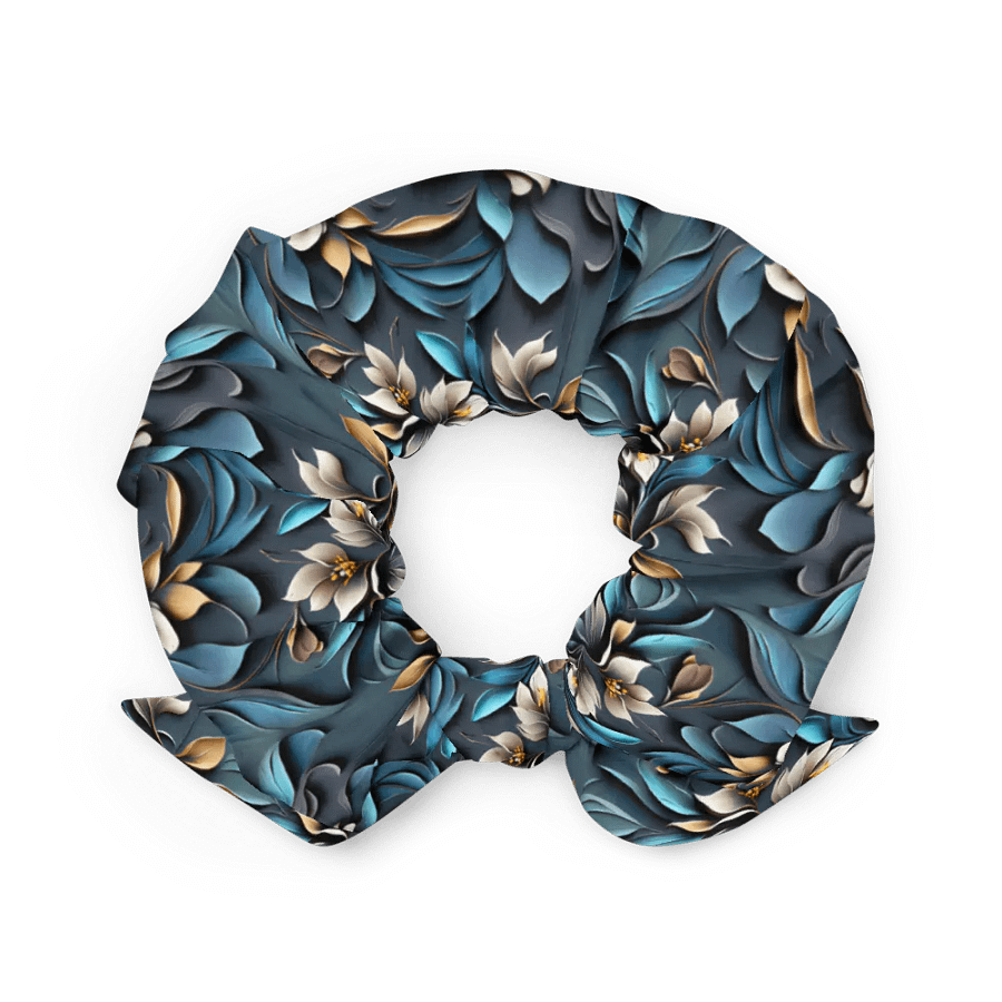 Hair Scrunchie - Sculpted Floral Pattern of Yellow-Brown Flowers on Textured Blue Background product image (3)