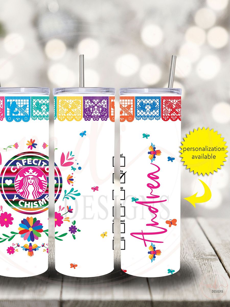 Tumbler Cups | 20oz Skinny Tumbler | Cafecito Y Chisme Fiesta White Tumbler | Personalized Tumbler | Mexican Tumbler with Straw product image (2)