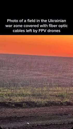 Photo of a field in the Ukrainian war zone covered with fiber optic cables left by FPV drones. Ukraine and Russia are using u...