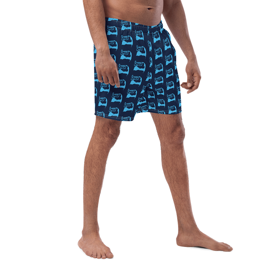 BOURNE to Cape Cod™ All-Over Logo Swim Trunks | Men's UPF 50+ Quick-Dry Coastal Shorts | Deep Sky Blue Logo Repeat Pattern on Navy product image (3)