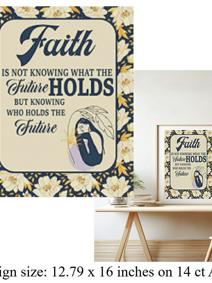 Faith is not Knowing" | Inspirational Printable Cross Stitch Pattern with Cream and Gold Flowers on Navy product image (1)