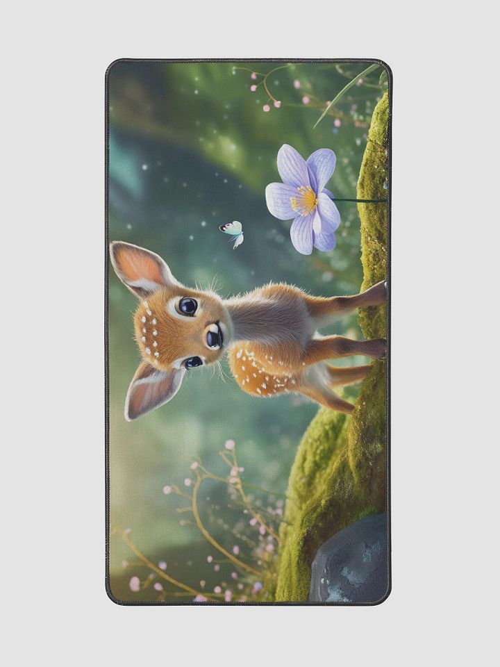 Adorable baby deer standing near by a mossy rock, butterfly resting next to the deer-Gaming Desk Mat 15.5