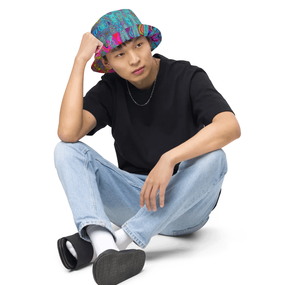Trippy Sky Blue Abstract Retro Atomic Waves Bucket Hat product image (7)