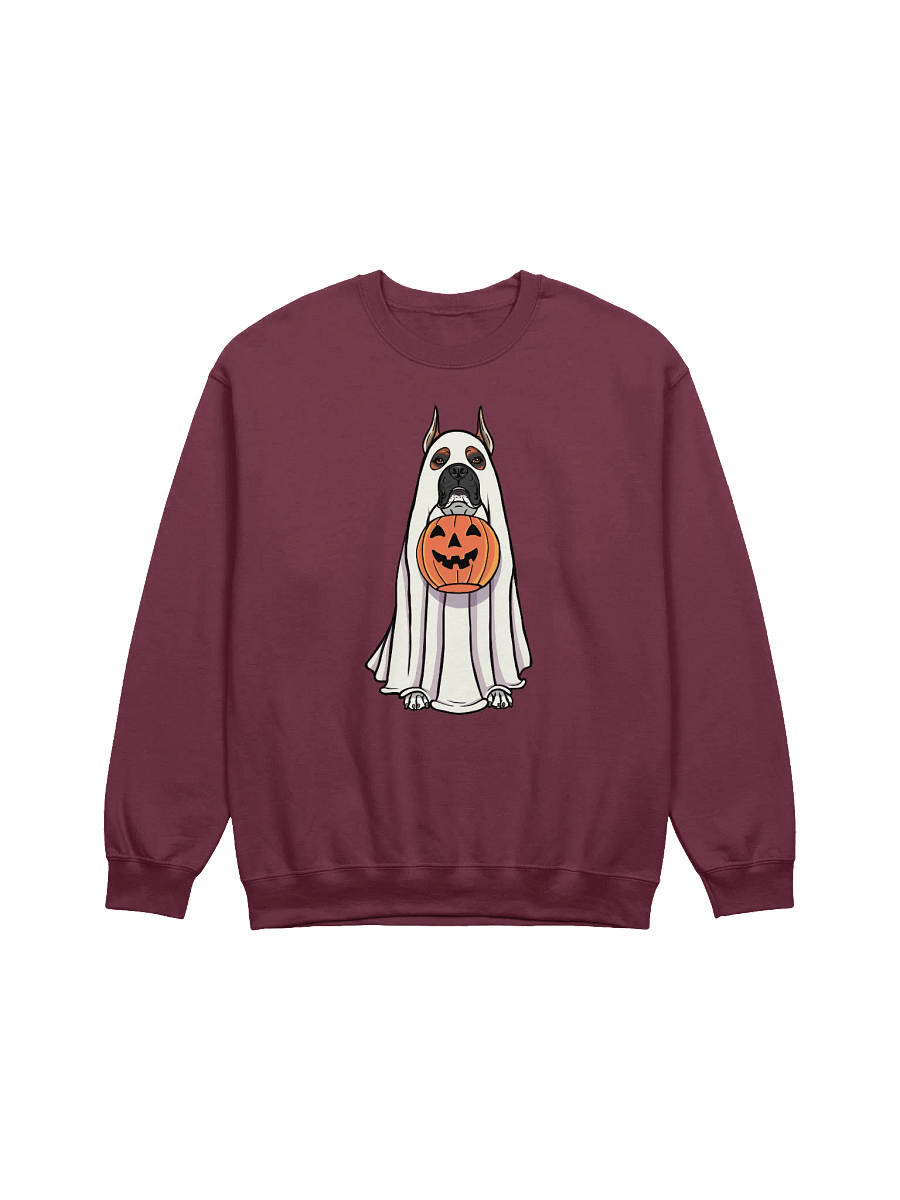 Funny Halloween Boxer Dog(Black Mask, Cropped Ears) Sweatshirt | Funny Boxer Wearing a Ghost Costume and Holding a Pumpkin Basket product image (3)