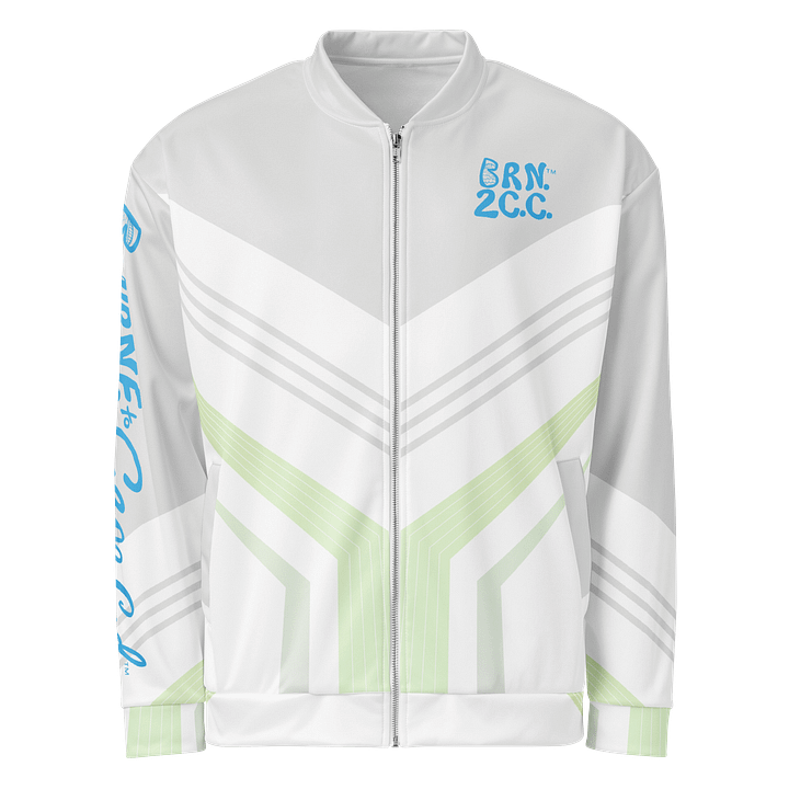 All-Over Print Bomber Jacket | Coastal Cool, City Bold | BOURNE to Cape Cod™ + BRN.2C.C.™ Style | Deep Sky Blue Logos on Preppy Geometrics product image (1)