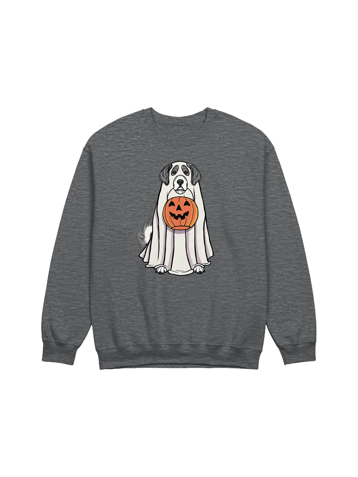 Funny Halloween Great Pyrenees(Gray) Sweatshirt | Funny Pyr Wearing a Ghost Costume and Holding a Pumpkin Basket product image (1)
