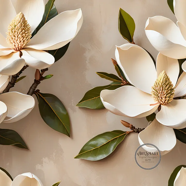 Seamless Pattern - Magnolia Pattern 2 on Beige Background product image (1)