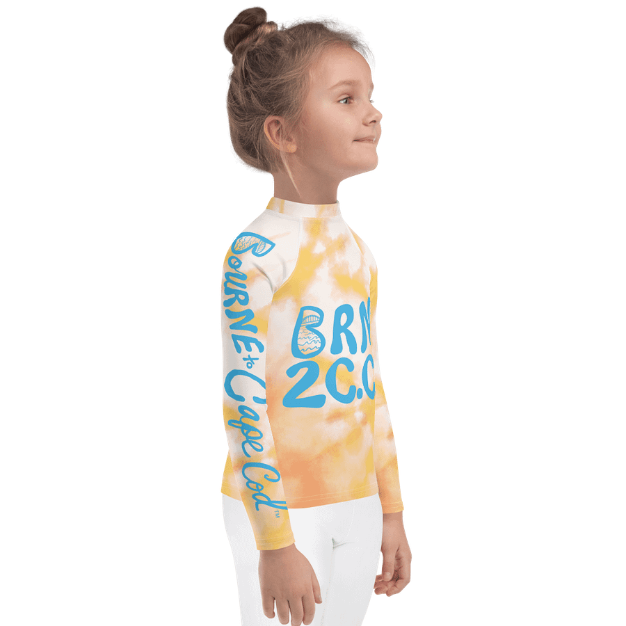 Girls' | Little KIDS | Rash Guard | BRN.2C.C.™ Front Print | BOURNE to Cape Cod™ Back & Sleeve Logo | Coastal UV Shirt for Active Kids | Slim Fit Swim Top | Blue Logo on Orange Tie-Dye product image (4)