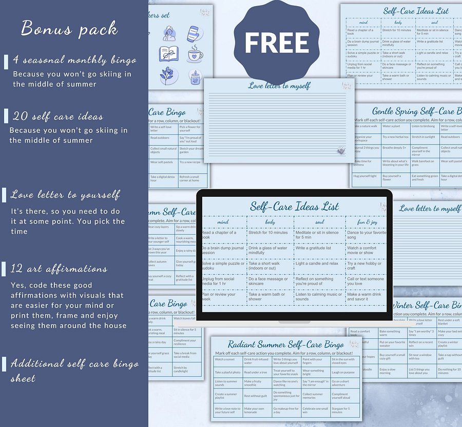 Self-Care Bingo Planner – Digital & Printable | Gentle Wellness Tracker | Self care love mindfulness journal | Slow living Diary | Relaxing product image (6)
