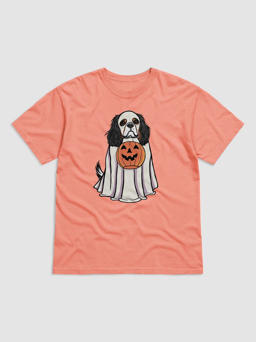 Funny Halloween Cavalier King Charles Spaniel(Tricolor) T-Shirt | Funny Cavalier Wearing a Ghost Costume and Holding a Pumpkin Basket product image (18)