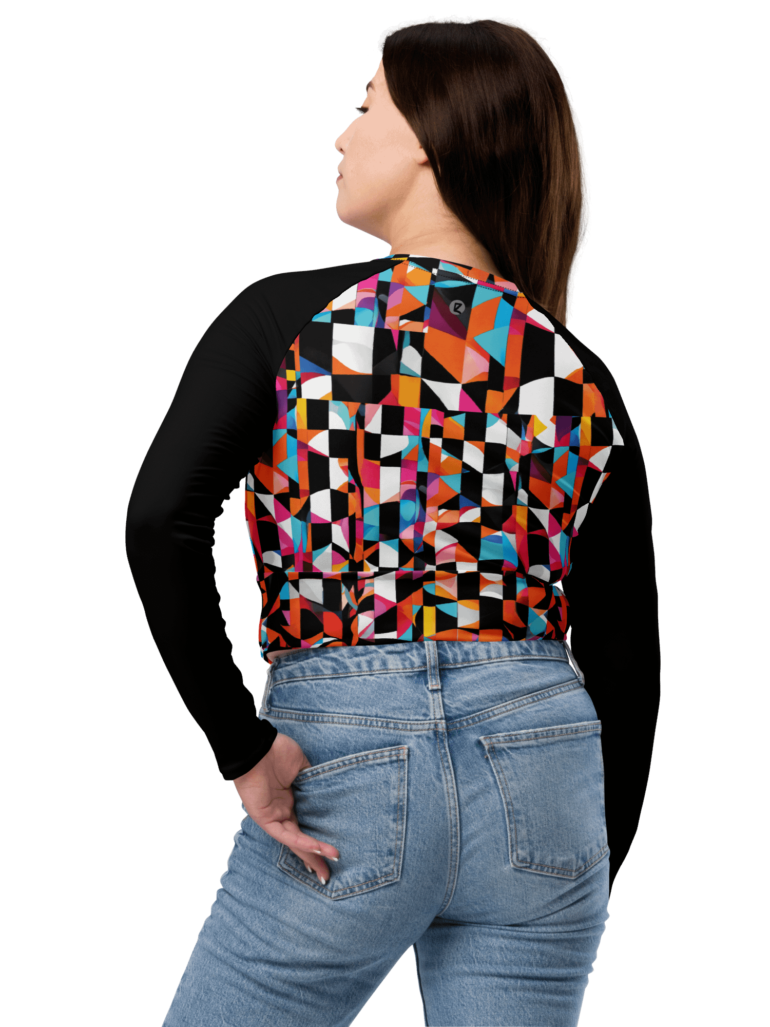 Recycled Long Sleeve Crop Top "Colorful Modern Abstract Checkered Art Printed" product image (7)