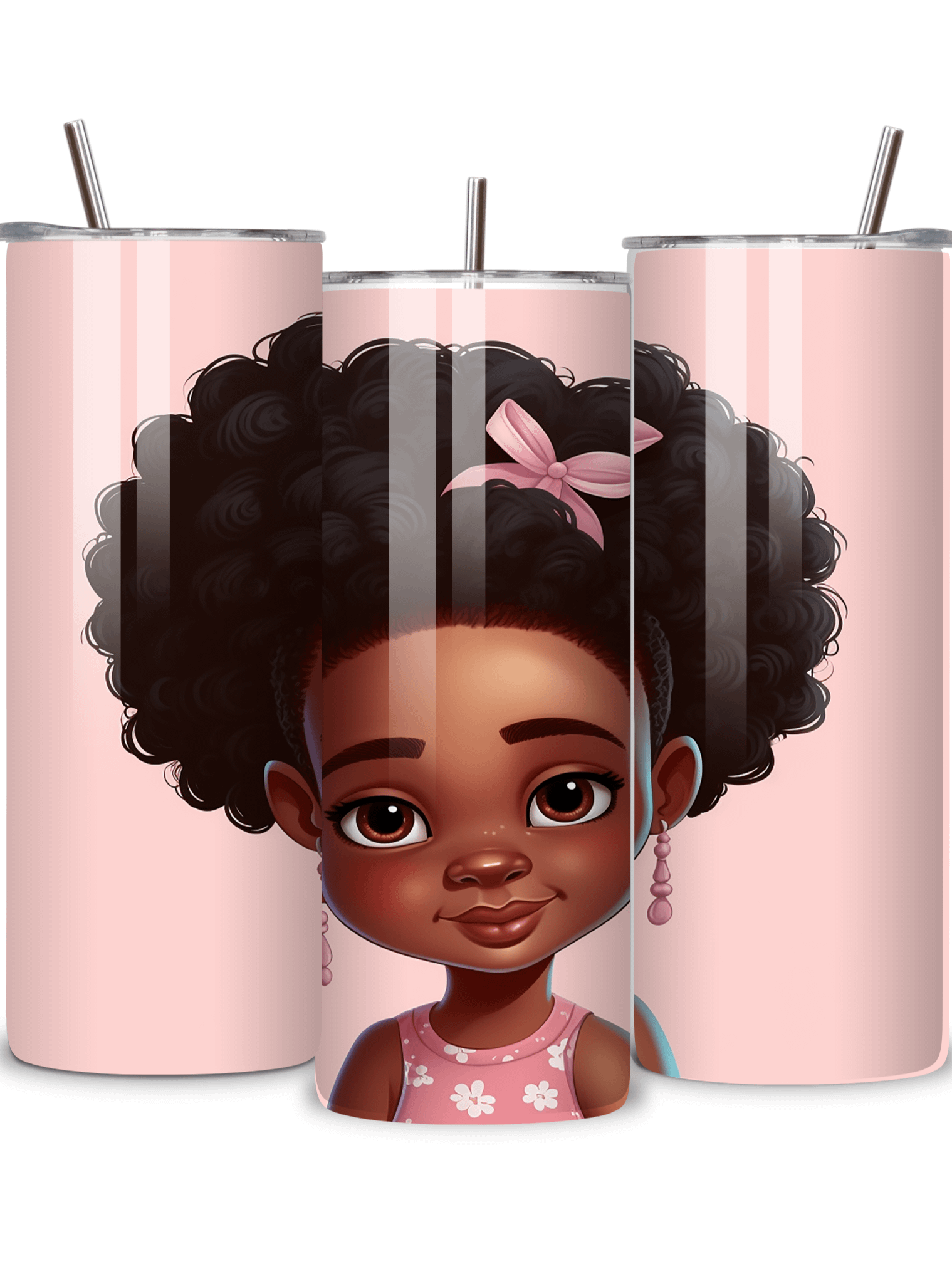 Adorable Afro Princess 20oz Skinny Tumbler with Metal Straw – Cute Pink Bow Design for Kids and Adults – Double-Walled Insulated Stainless Steel Tumbler for Hot & Cold Drinks product image (2)
