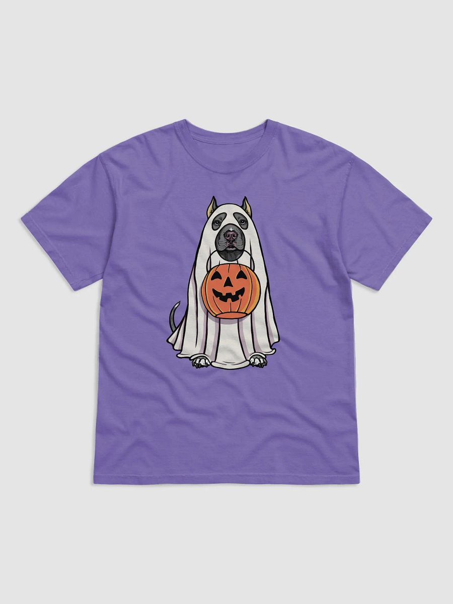Funny Halloween Pitbull Terrier(Cropped Ears, Blue) T-Shirt | Funny Pittie Wearing a Ghost Costume and Holding a Pumpkin Basket product image (27)