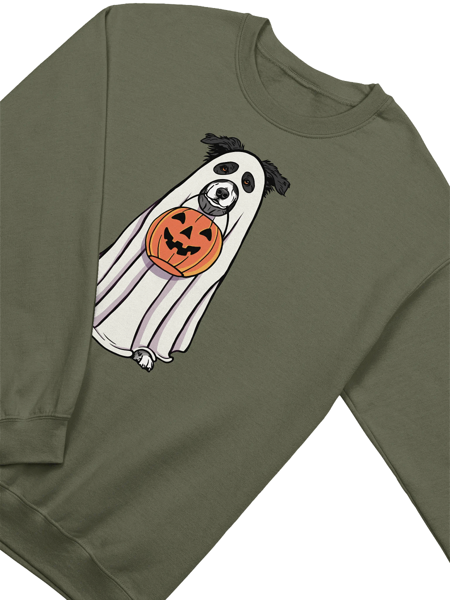 Funny Halloween Australian Shepherd(Black and White) Sweatshirt | Funny Aussie Wearing a Ghost Costume and Holding a Pumpkin Basket product image (14)