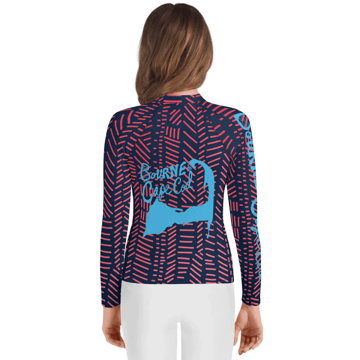 Girls' | YOUTH | Rash Guard | BRN.2C.C.™ Front Graphic | BOURNE to Cape Cod™ Sleeve & Back Logo | Coastal Swim Shirt for Kids | UV Protection Activewear | Blue Logo | Coral Dashes product image (2)