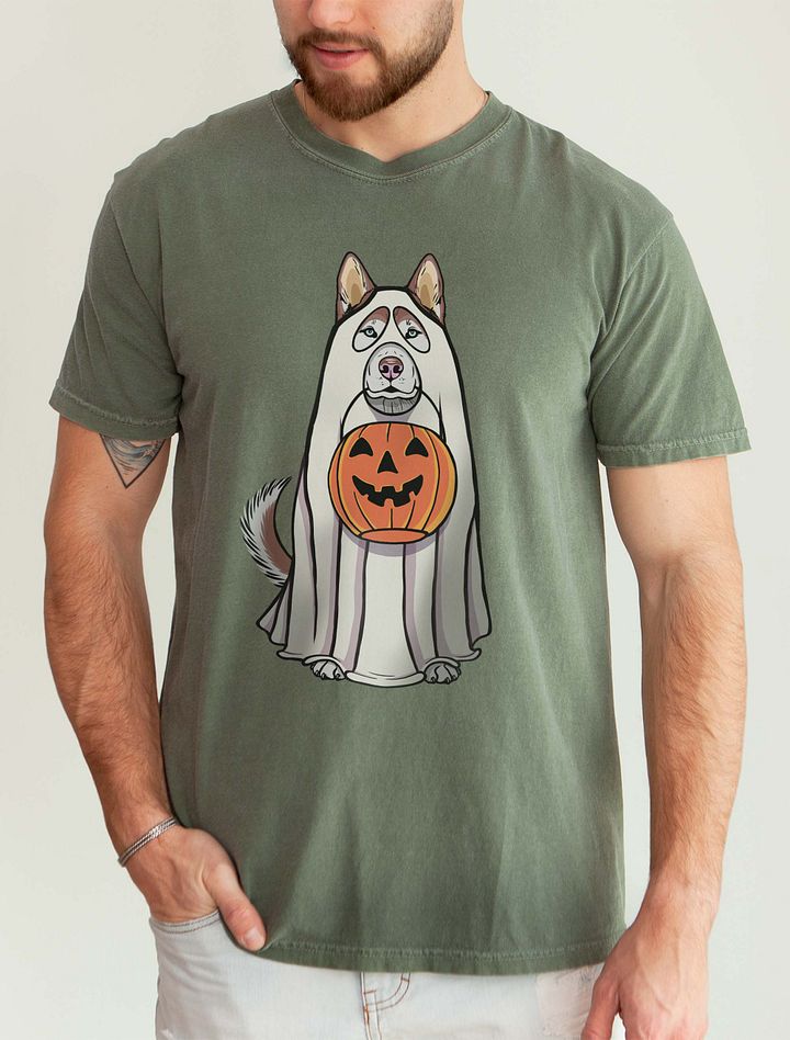 Funny Halloween Siberian Husky(Red) T-Shirt | Funny Husky Wearing a Ghost Costume and Holding a Pumpkin Basket product image (1)