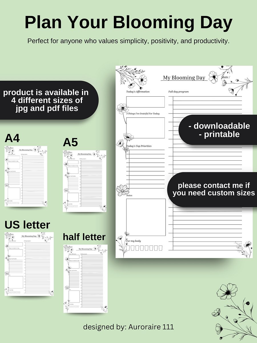 My Blooming Day - Printable Daily Planner | Digital Planner Page Download | Multiple Sizes Included product image (4)