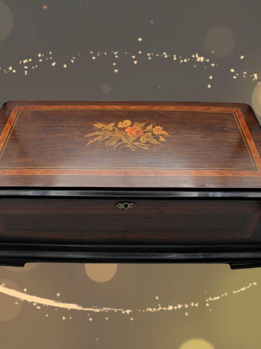 Caixa de Música Francesa do Século XIX, desenho floral, oito músicas sinfónicas, peça de coleção product image (1)