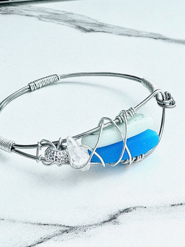 Ocean Whispers Wire-Wrapped Sea Glass Bracelet | Handmade 8" Coastal Charm by Monique Faella Designs™ | MFD-00202 product image (1)