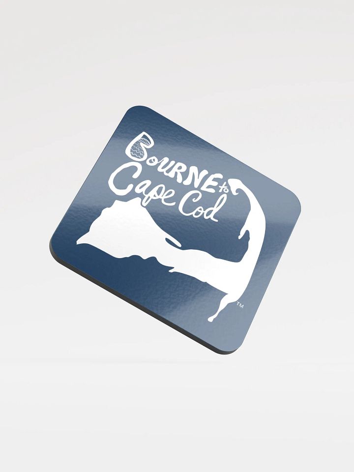 BOURNE to Cape Cod™ | Coastal Coaster | Glossed Cork | Eco-Friendly | Minimalist Coastal Decor | 3.74" Square | White Logo on Navy product image (1)