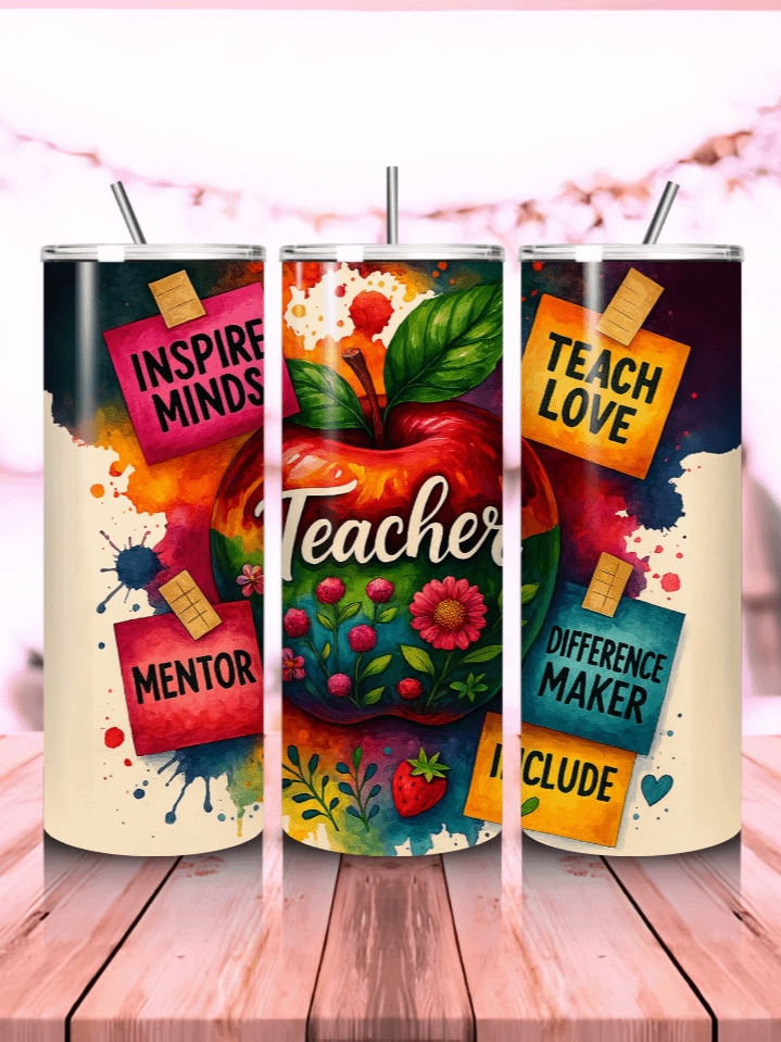 Teacher Affirmation Tumbler Wrap PNG – 20oz Skinny Sublimation Design with Uplifting Quotes & Colorful Classroom Elements – Positive Educator Theme – 300 DPI Instant Digital Download product image (1)