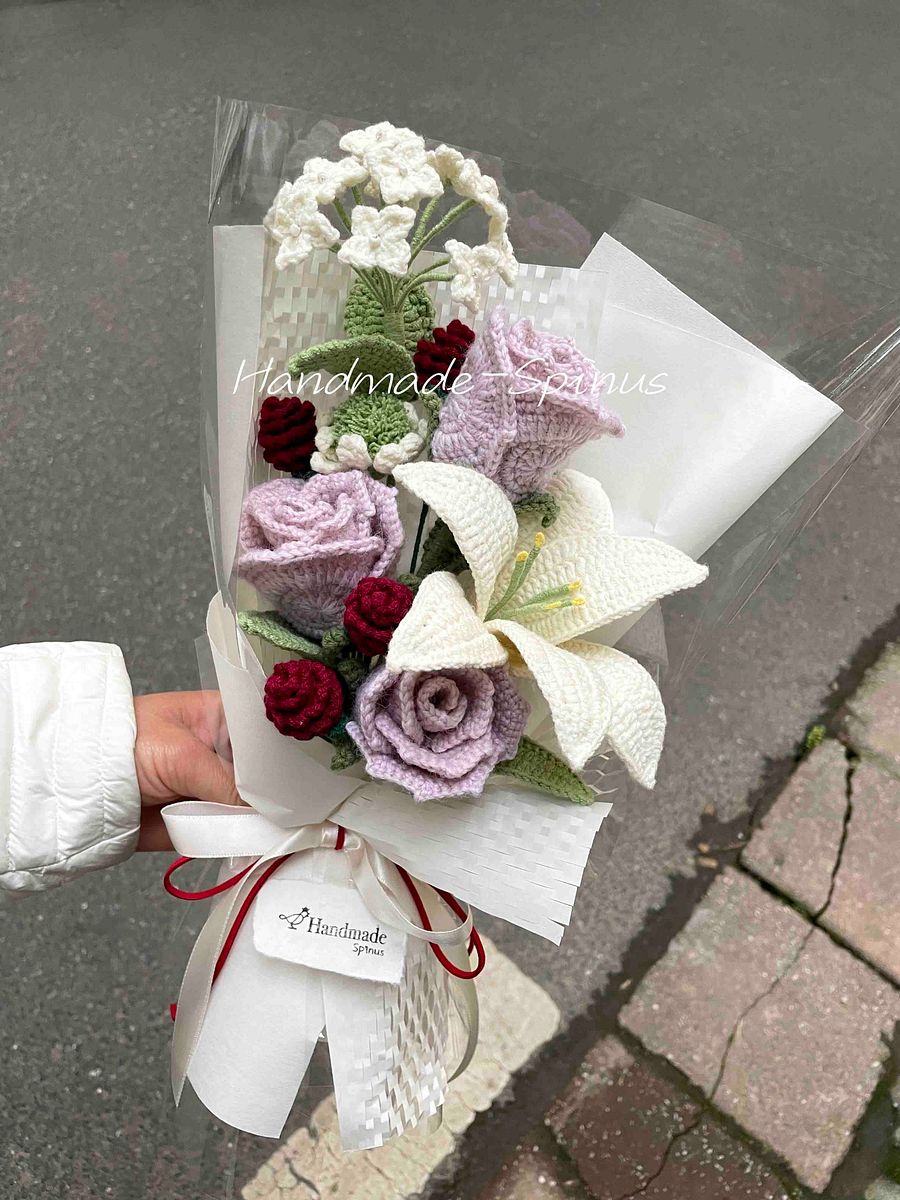 Pink Roses, Lilies And Red Crochet Knit Bouquet product image (2)