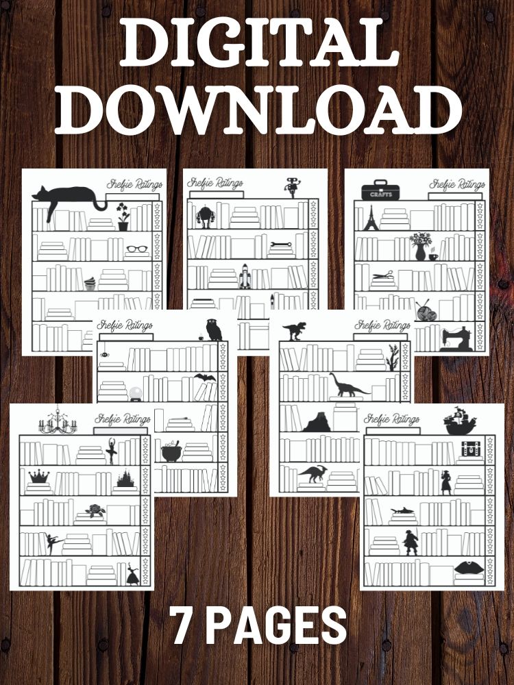Shelfie Ratings Book Tracker, Black and White Printable Bookcase Journal Log with 7 Themes