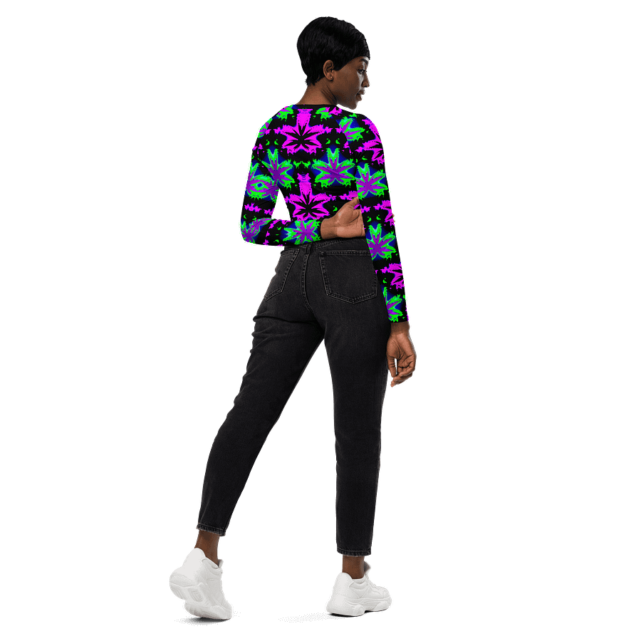Neon Raver Reefer Stoner Summer Recycled Long-Sleeve Crop Top, Black Hot Pink Green Ganja Weed Shirt, 420 Cannabis Festival Pot Leaf Fashion product image (6)
