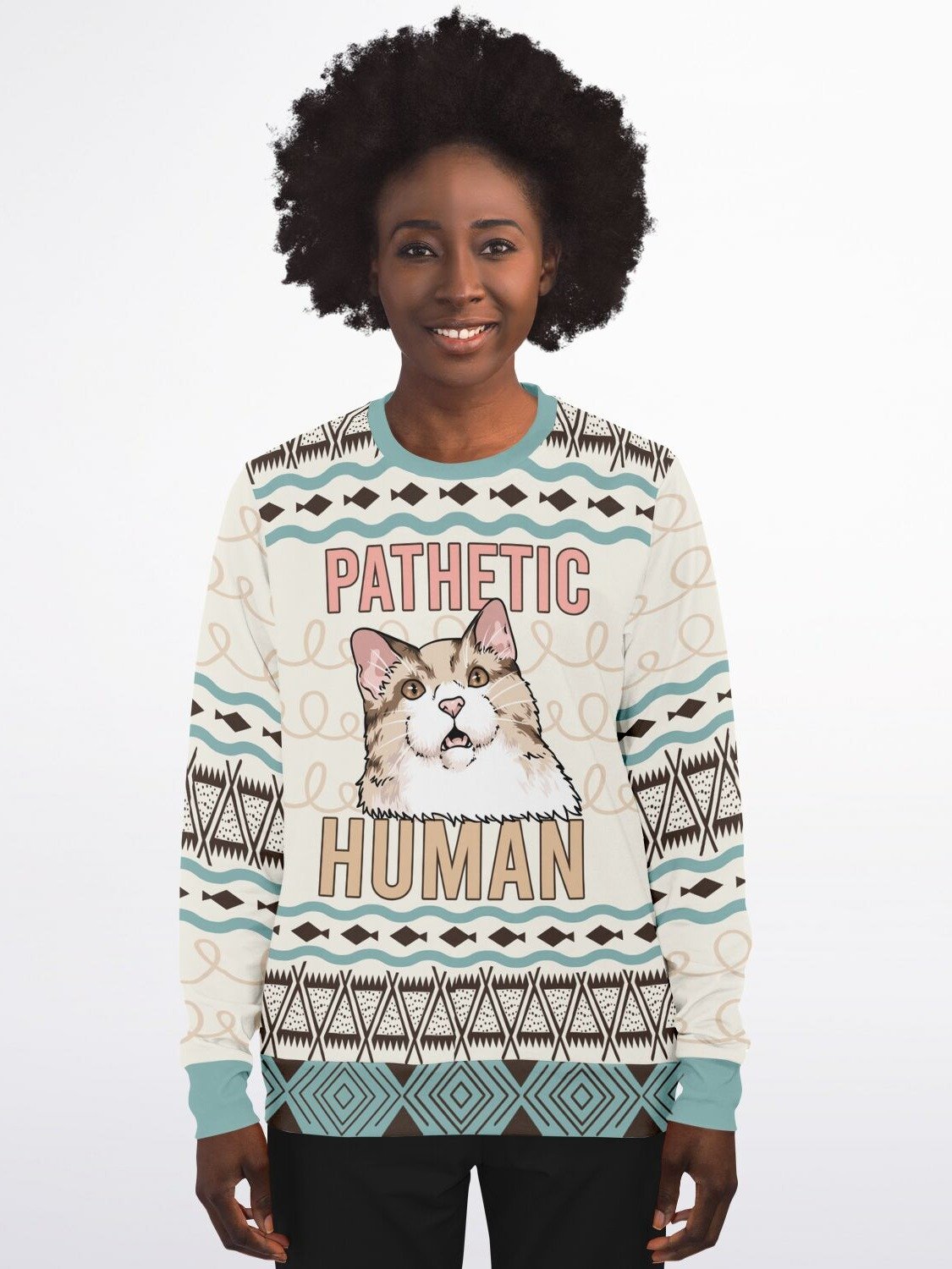 "Pathetic Human" Cat Sweater | Funny Sarcastic Pet Sweatshirt | Cat Lover Winter Outfit | Animal Humor Party Outfit product image (3)