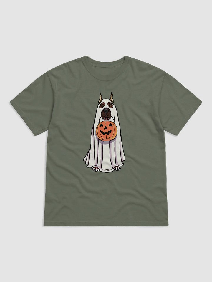 Funny Halloween Great Dane(Cropped Ears, Brindle) T-Shirt | Funny Great Dane Wearing a Ghost Costume and Holding a Pumpkin Basket product image (1)