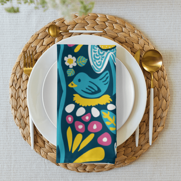 🕊️ Birds and Blooms Folk | Set of 4 Cloth Napkins | Monique Faella Designs™ | Colorful Cottagecore Table Linens | Whimsical Nature-Inspired Elegance product image (1)