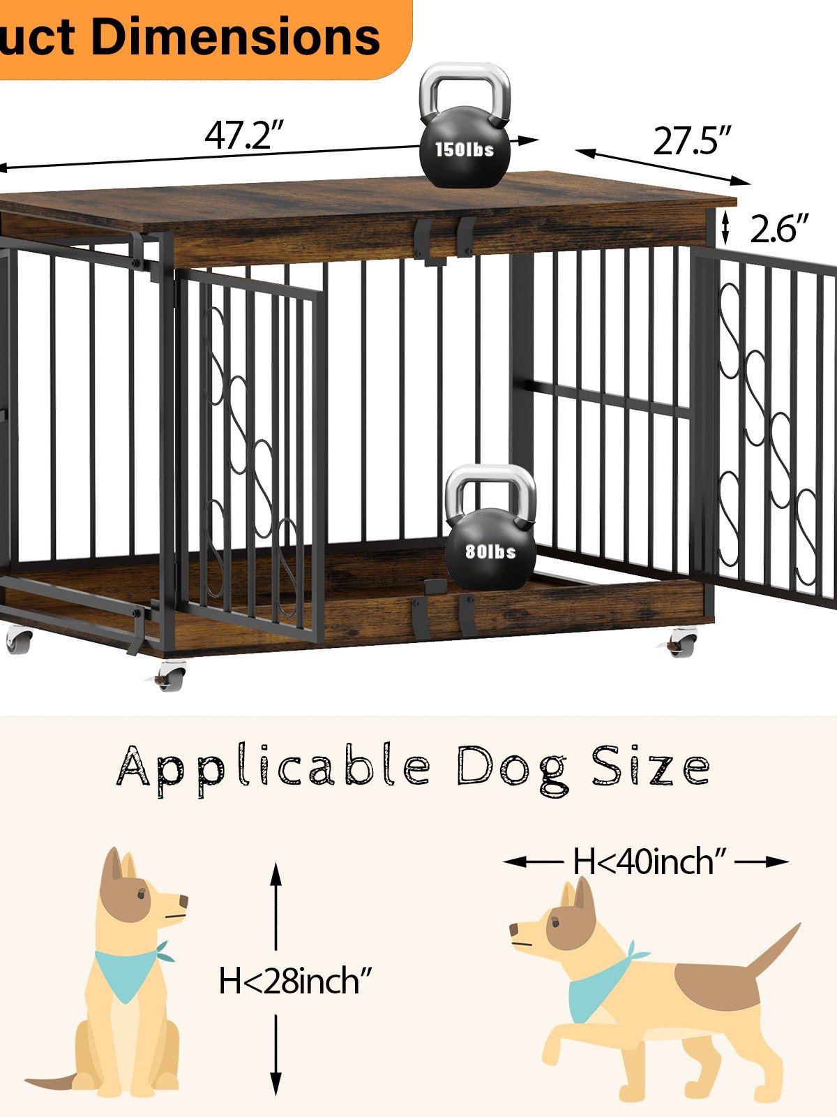 48 Inch Dog Cage Furniture for Extra Large Dog, Double-Doors Heavy Duty Dog Crate with 360° Caster Wheels, Dog Kennel Indoor Decorative Pet House Dog Cage Table, Brown product image (2)