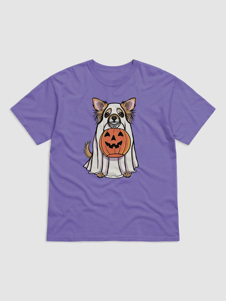 Funny Halloween Longhaired Chihuahua T-Shirt | Funny Chihuahua Wearing a Ghost Costume and Holding a Pumpkin Basket product image (27)
