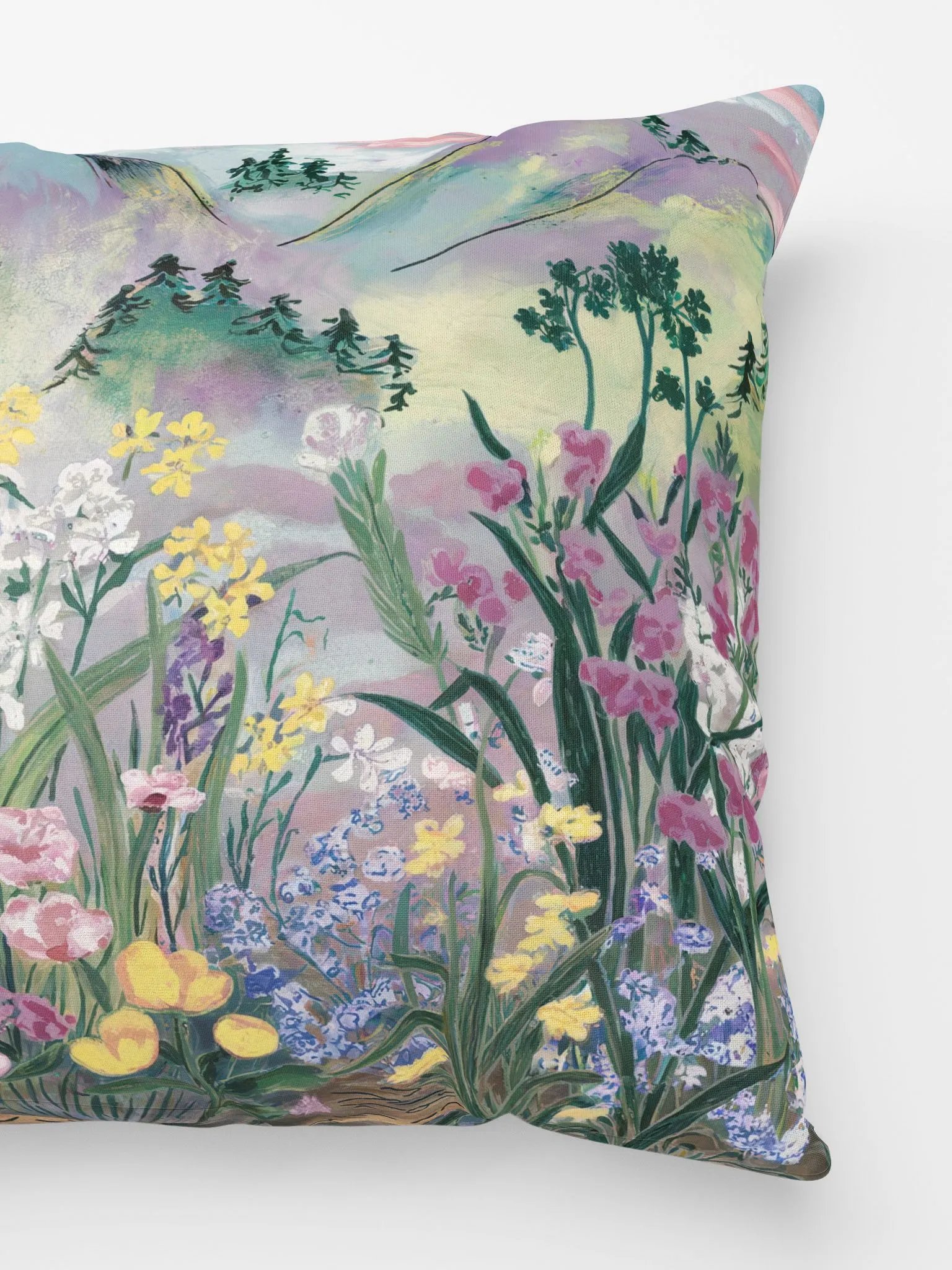 Watercolor Nature Scene Throw Pillow - Wildflowers & Mountain Landscape Accent Cushion for Living Room & Bedroom product image (4)
