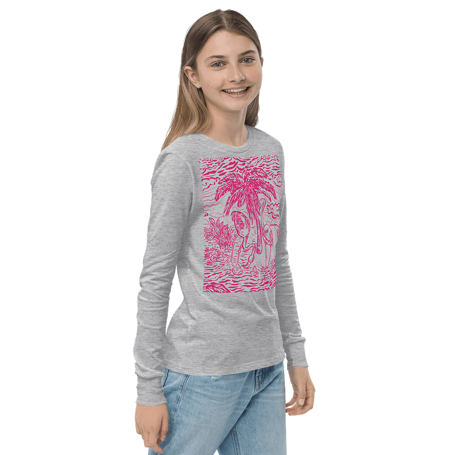 Girls’ | Youth Long Sleeve Tee | DTG Vintage Print | Pink on Grey Flamingo Fancy Toile Design | Monique Faella Designs™ | Tropical Whimsy with Coastal Charm product image (4)
