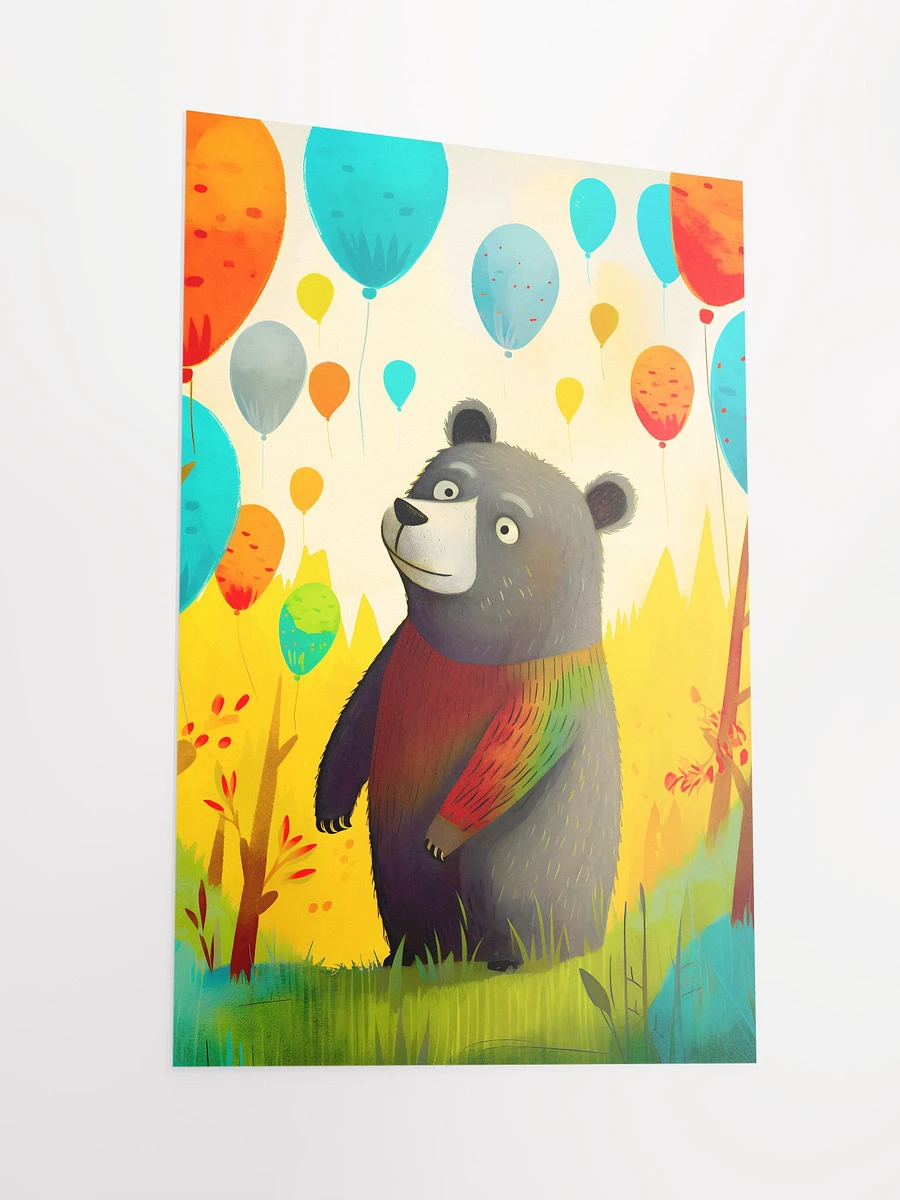 Baby Bear Admiring a Sky of Cheerful Colorful Balloons in a Bright Forest Matte Poster product image (4)
