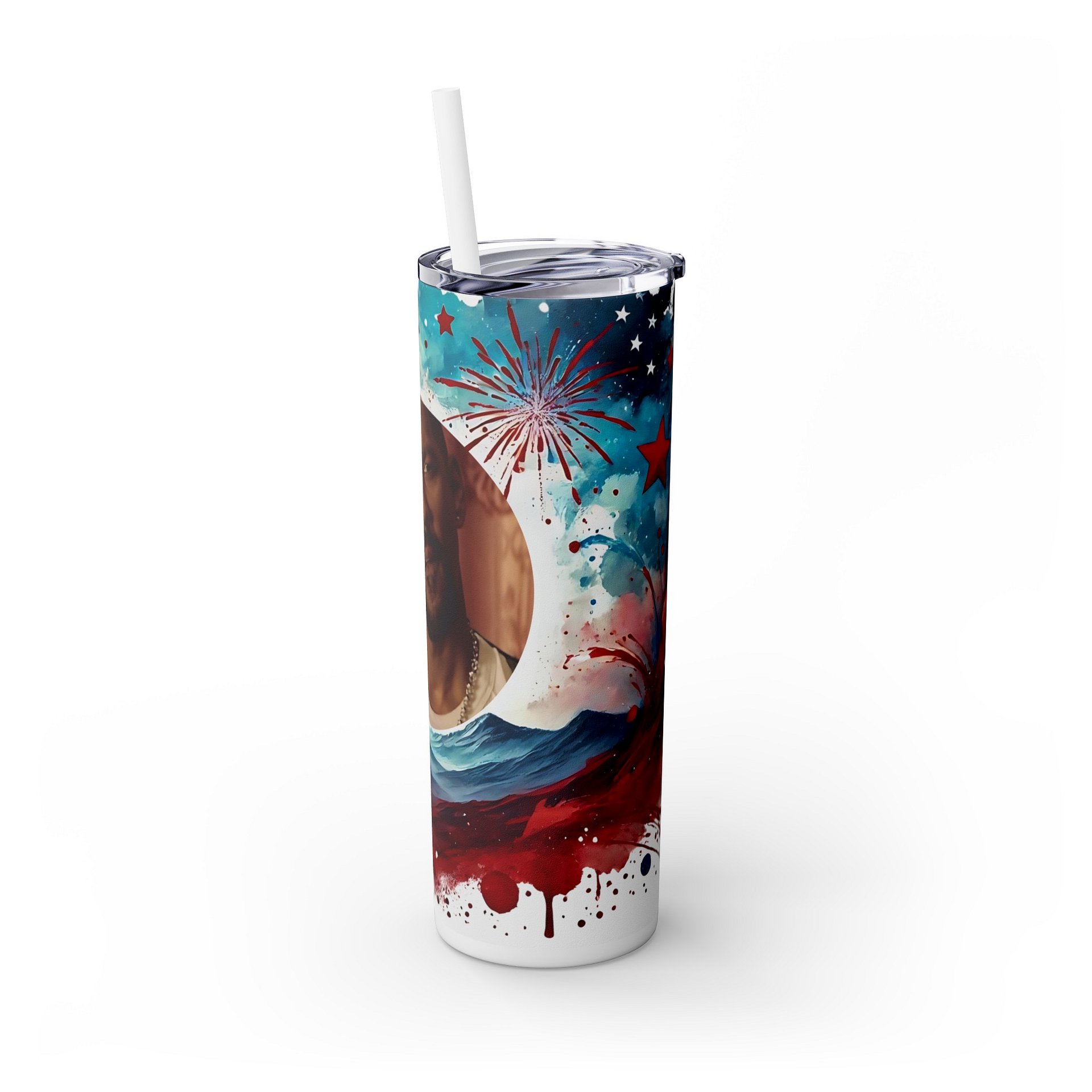 Patriotic Tumbler Wrap Template for Canva with Editable Center Photo Fireworks and Stars Design product image (5)