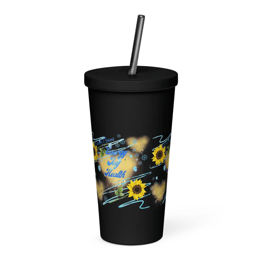 Insulated Tumbler with straw with beautiful swirly  water drop splash and drops design, featuring ‘This water gives Harmony in Body and Mind