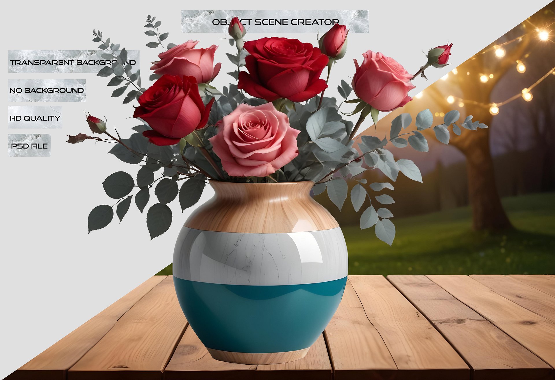Modern Blue Striped Vase with Red and Pink Roses PNG product image (2)