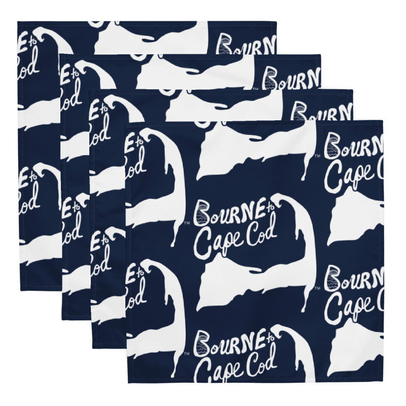 🌀BOURNE to Cape Cod™ | Cloth Napkin Set (4) | Coastal Dining Essentials | White Logo Repeat on Navy Blue product image (6)