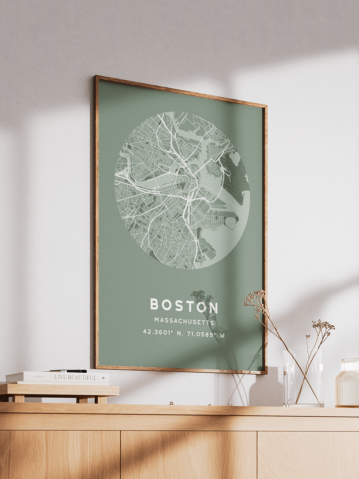 Boston Street Map Poster – Sage Green Minimalist Circular City Art product image (2)