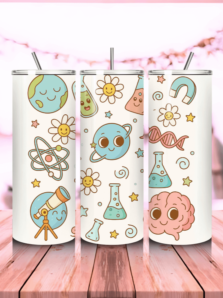 Science Back to School Tumbler Wrap PNG – 20oz Skinny Sublimation Design with Lab Tools, Atoms & Beakers – Fun STEM Theme – 300 DPI Instant Digital Download product image (1)