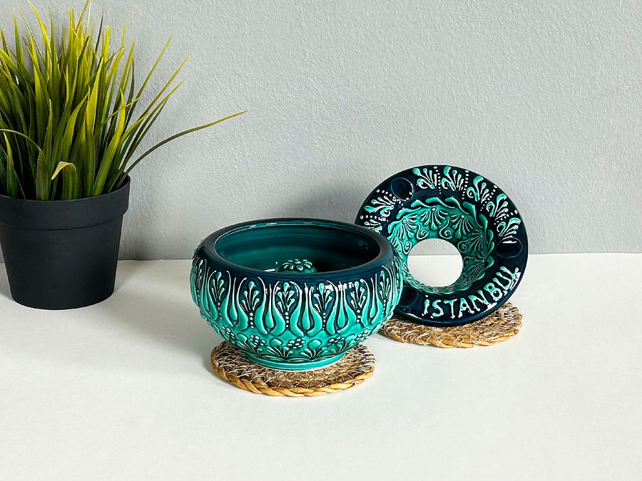 Ceramic ashtray, turquoise/green/emerald — handmade pottery product image (4)