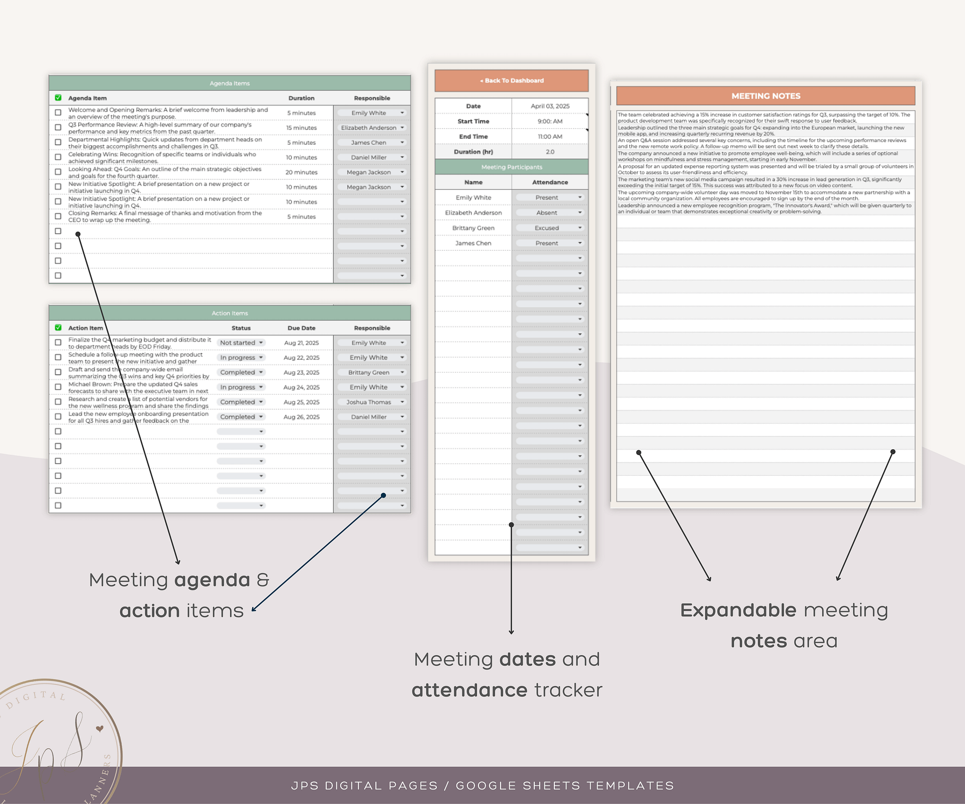 Multiple Meeting + KPI Dashboard - Meeting Notes, Agenda, Action Items, and Dashboard, Notes (Google Sheets Template) product image (5)