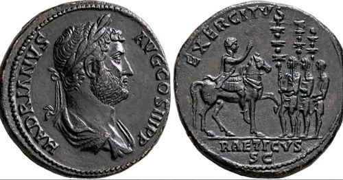 Hammered at 38000 CHF at Leu's Auction 17, lot 439. ★ A spectacular ECERCITVS RAETICVS Sestertius of Hadrian ★

Hadrian, 117-...