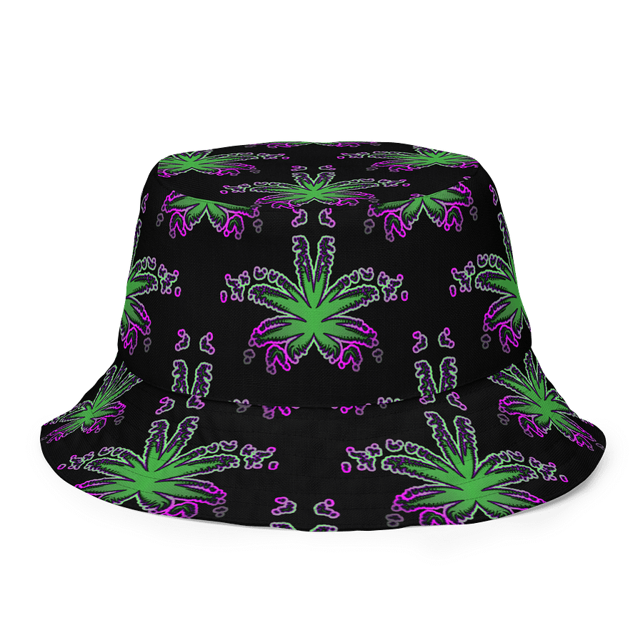 Twisted Weed Leaf Pattern Bucket Hat, Summer Stoner Style Accessory, Green Purple Black Cannabis Fashion product image (1)
