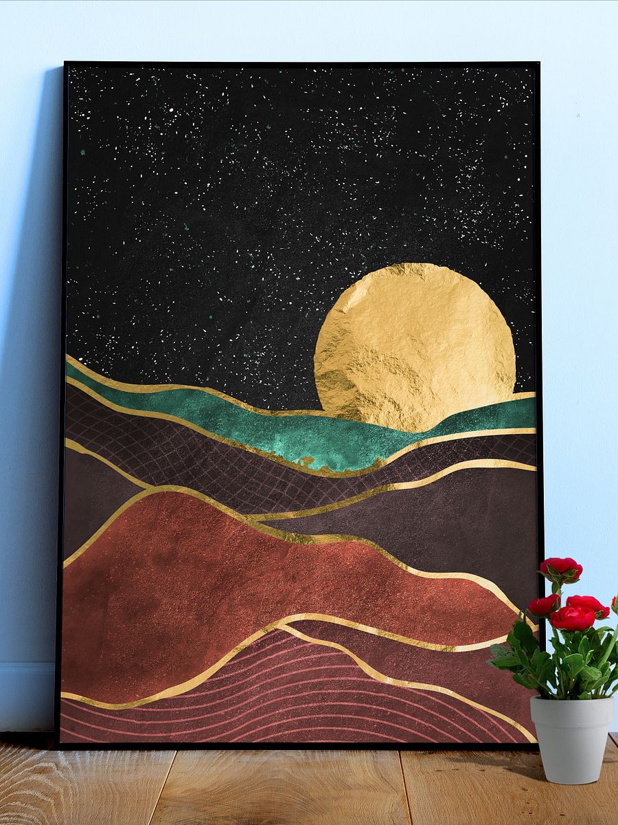 Golden landscape with moon #1 — Japanese golden poster, travel poster, aesthetic poster product image (1)