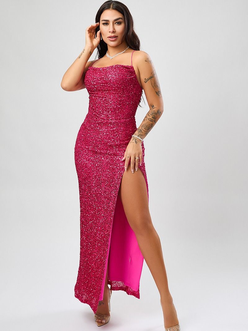 Wholesale high quality elegant slight stretch sling sequins slim high slit maxi dress product image (4)
