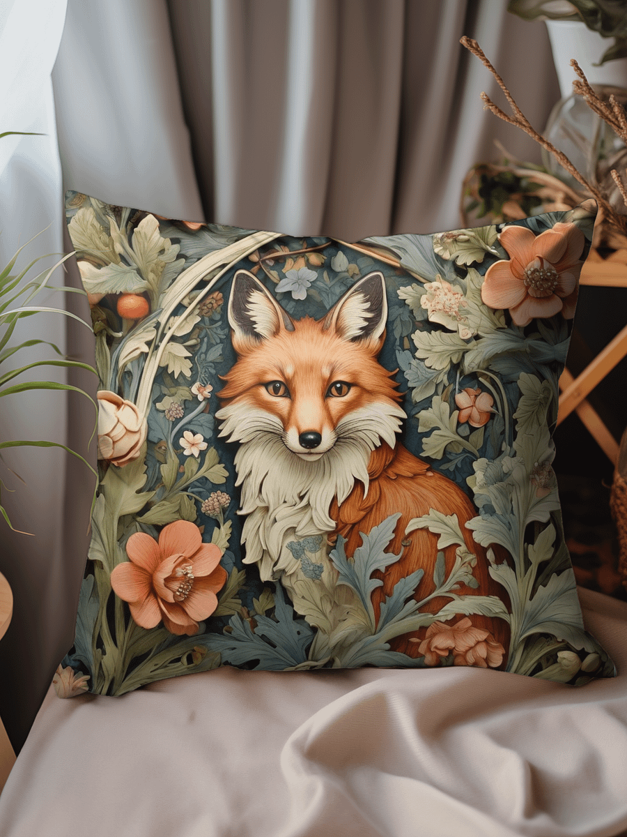 Forest Fox Pillow William Morris Inspired Cushion Whimsical Fox Floral Garden Retro Charm Home Decor Country Farmhouse product image (3)